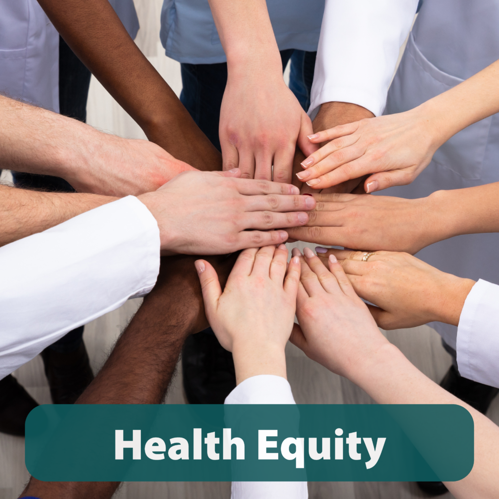 Hands in for a huddle with "health equity" text