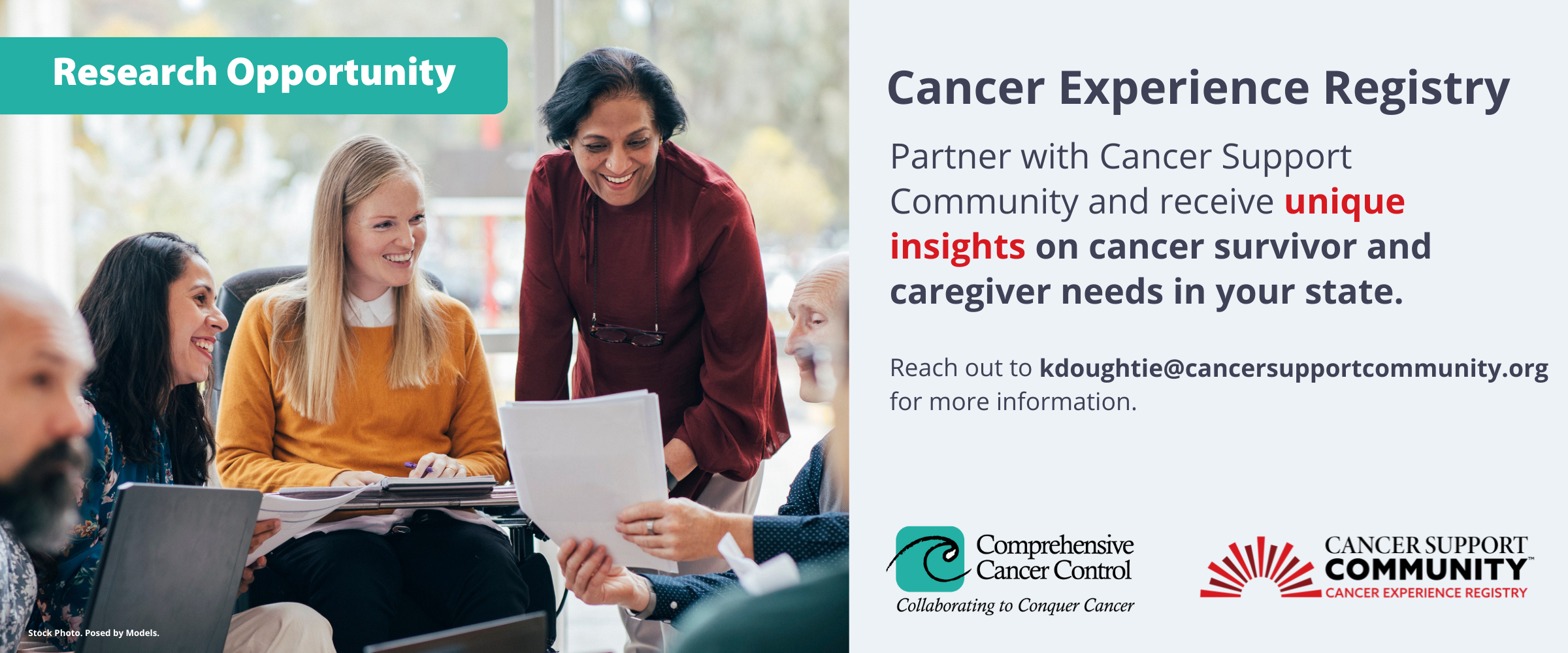 Stock photo posed by models. Contact kdoughtie@cancersupportcommunity.org to learn more about the Cancer Experience Registry.